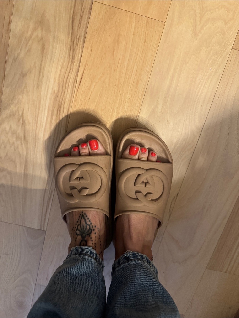 Gucci Tan Interlocking Logo Slide Sandals